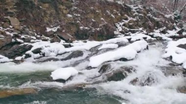 White water river in winter. World covered in snow.