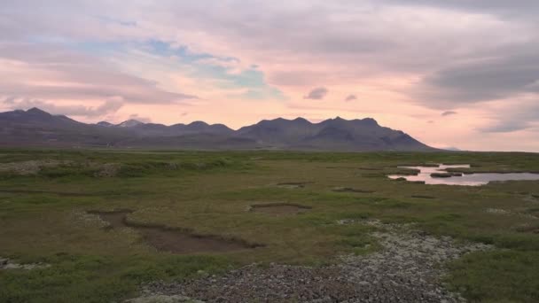 Paisaje Islandia Pequeños Estanques Prado Verde — Vídeo de stock