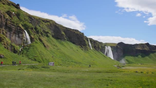 Most Famous Waterfall Iceland Majestic Seljalandsfoss Warm Summer Light — Stockvideo