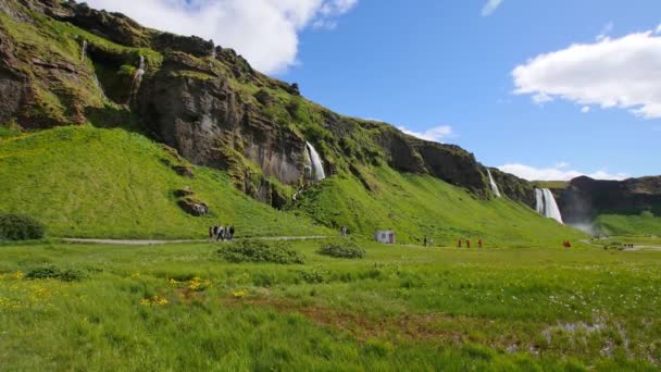 Cachoeira Mais Famosa Islândia Majestoso Seljalandsfoss Luz Quente Verão — Vídeo de Stock