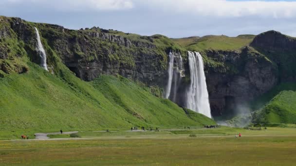 Zlanda Nın Ünlü Şelalesi Sıcak Yaz Işığında Görkemli Seljalandsfoss — Stok video