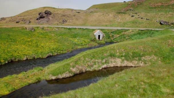 Verano Islandia Río Pradera Verde — Vídeos de Stock