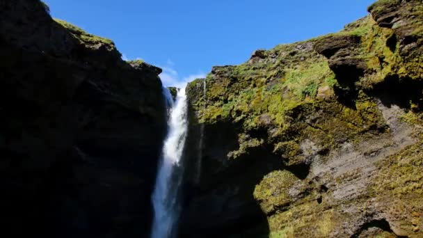 Kvernufoss Waterfall Iceland Icelandic Landscape Spring Sun Light — Stockvideo