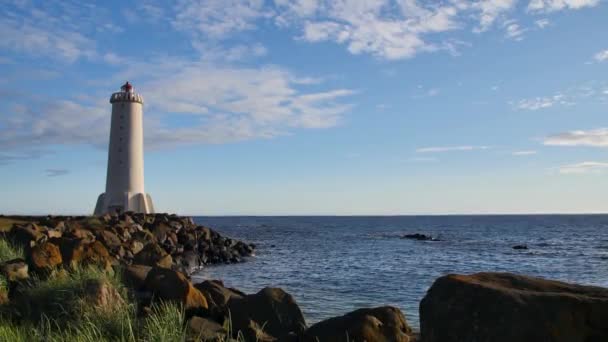 Leuchtturm Akranes Bei Sonnenuntergang Island — Stockvideo