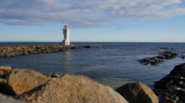 Akranes 'teki Deniz Feneri Sunset, İzlanda.