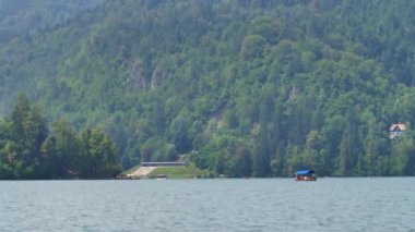 Bled Gölü. Slovenya 'daki dağ gölünün ortasındaki adada güzel bir şapel..