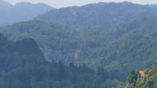 Lake Bled Krásná Kaple Ostrově Uprostřed Horského Jezera Slovinsko — Stock video