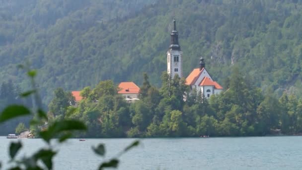 Lago Bled Hermosa Capilla Isla Medio Del Lago Montaña Eslovenia — Vídeo de stock