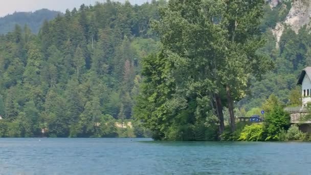 Bled Gölü. Slovenya 'daki dağ gölünün ortasındaki adada güzel bir şapel..