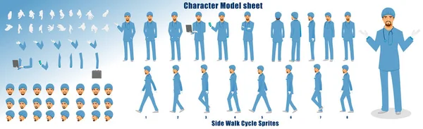 Doctor Character Model Sheetwith Walk Cycle Animation Sequence — Vector de stock