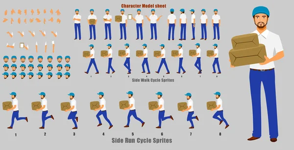 Courier Person Character Model Sheet Walk Cycle Run Cycle Animação —  Vetores de Stock