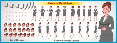 Businesswoman Character Model sheet with Walk cycle Animation Sequence  clipart