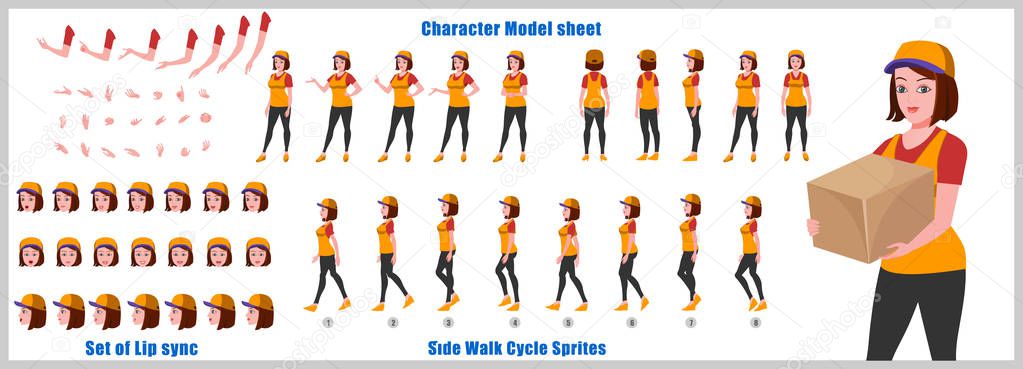 Courier  Woman Character Model sheet with Walk cycle and Run cycle Animation Sequence