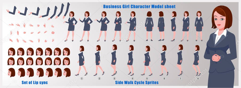 Businesswoman Character Model sheet with Walk cycle Animation Sequence 