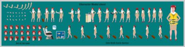 Arab Stewardess Character Design Model Sheet with walk cycle animation. Girl Character design. Front, side, back view and explainer animation poses. Character set with various views and lip sync  clipart