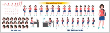 Kız Öğrenci Karakteri Model Çarşafı Yürüyen Bisiklet Canlandırması. Kız karakter tasarımı. Ön, yan, arka görüş ve açıklayıcı animasyon pozları. Çeşitli görünümler ve dudak senkronizasyonuna sahip karakter 
