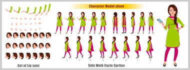 Hint Kız Karakter Tasarımı Model Çarşaf Yürüme Bisikleti animasyonu. Kız karakter tasarımı. Ön, yan, arka görüş ve açıklayıcı animasyon pozları. Çeşitli görünümler ve dudak senkronizasyonuna sahip karakter 