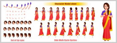 Indian Girl Character Design Model Sheet with walk cycle animation. Girl Character design. Front, side, back view and explainer animation poses. Character set with various views and lip sync  clipart