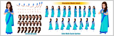 Hint Kız Karakter Tasarımı Model Çarşaf Yürüme Bisikleti animasyonu. Kız karakter tasarımı. Ön, yan, arka görüş ve açıklayıcı animasyon pozları. Çeşitli görünümler ve dudak senkronizasyonuna sahip karakter 