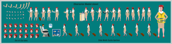 Arab Stewardess Character Design Model Sheet with walk cycle animation. Girl Character design. Front, side, back view and explainer animation poses. Character set with various views and lip sync 