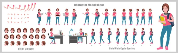 Hoja Modelo Diseño Personajes Para Estudiantes Con Animación Pie Chica — Vector de stock