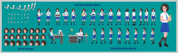 High School Girl Student Character Design Model Sheet Κύκλο Περιπάτου — Διανυσματικό Αρχείο