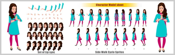 Indian Girl Character Design Model Sheet Walk Cycle Animation Chica — Vector de stock