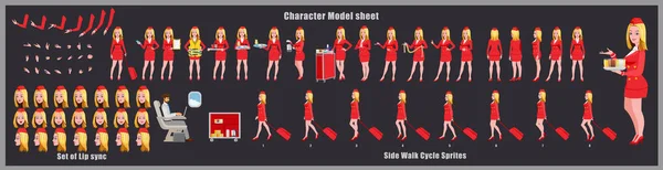 带步行循环动画的无管理员角色设计模型表 女孩角色的设计 后视镜和解说器动画的姿势 具有各种视图和唇同步的字符集 — 图库矢量图片#