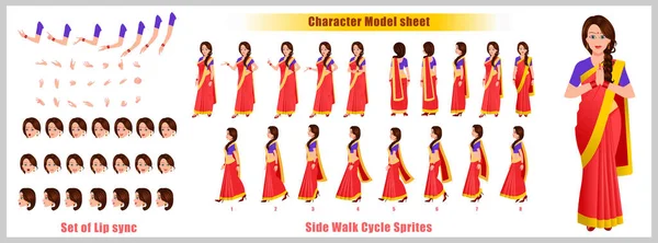 Indická Dívka Charakter Design Model Sheet Procházka Cyklu Animace Design — Stockový vektor