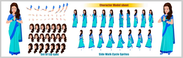 带有步行周期动画的印度女孩角色设计模型介绍 女孩角色的设计 后视镜和解说器动画的姿势 具有各种视图和唇同步的字符集 — 图库矢量图片#