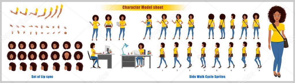 African American Girl Student Character Design Model Sheet with walk cycle animation. Girl Character design. Front, side, back view and explainer animation poses. Character set with lip sync 