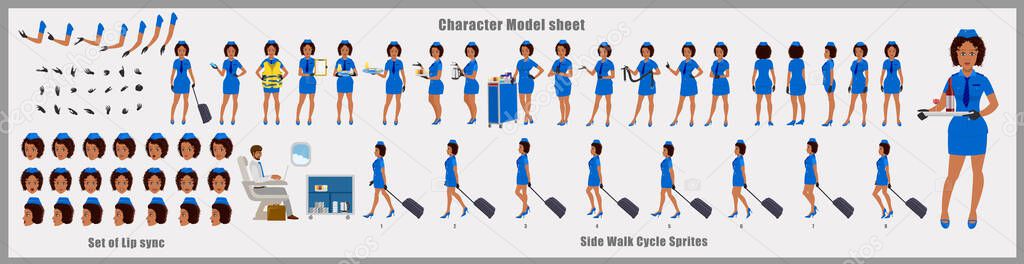 Stewardess Character Design Model Sheet with walk cycle animation. Girl Character design. Front, side, back view and explainer animation poses. Character set with various views and lip sync 