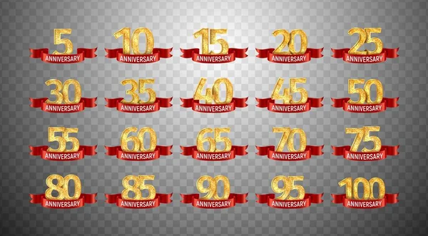 Set of anniversary isolated numbers on transparent background. 5, 10, 15, 20, 25, 30,35, 40, 45, 50, 55, 60, 65, 70, 75, 80, 85, 90, 95, 100 golden years with red ribbons jubilee template — Stock Illustration Set of anniversary isolated numbers on transparent background. 5, 10, 15, 20, 25, 30,35, 40, 45, 50, 55, 60, 65, 70, 75, 80, 85, 90, 95, 100 golden years with red ribbons jubilee template Stock Illustration