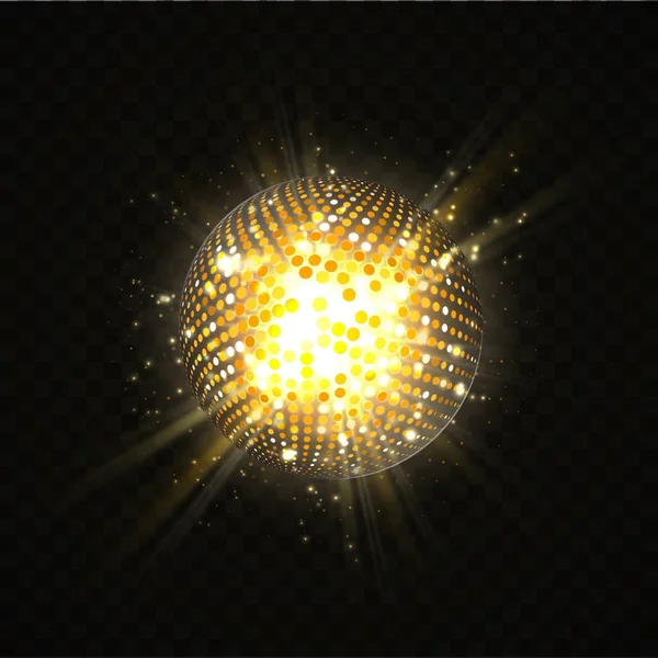 Abstract disco ball party design element. Supernova atomic explosion star isolated object. Golden glitter particles sphere with sunny rays