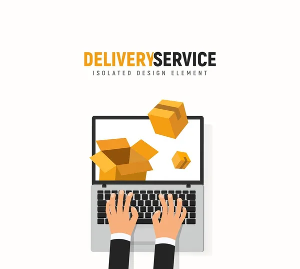 Tracking parcel online service. Laptop, hands and boxes vector isolated design element on white background. Delivery services