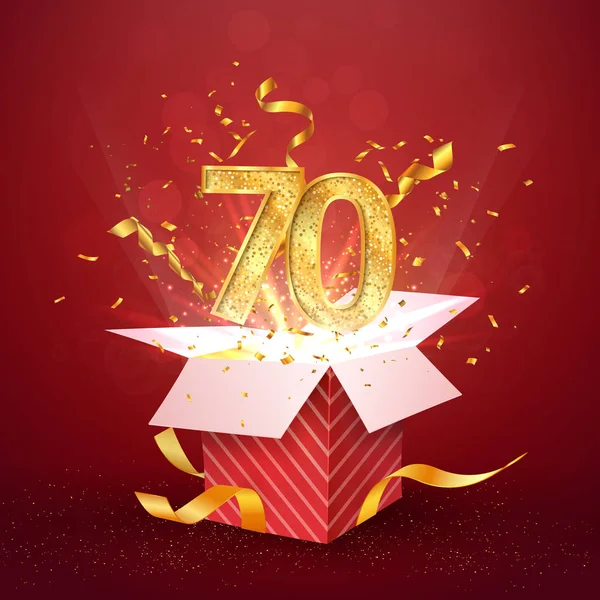 70 th years number anniversary and open gift box with explosions confetti isolated design element. Template seventy seventieth birthday celebration on red background vector Illustration.
