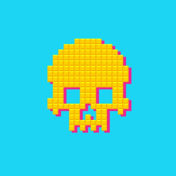 Retro vector human pixel skull. 8 bit, pop art style cranium on blue background