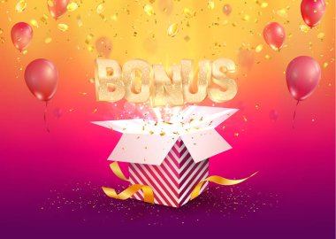 Bonus banner flying off the textured gift box on bright background. Winning prize vector illustration vector stock vector