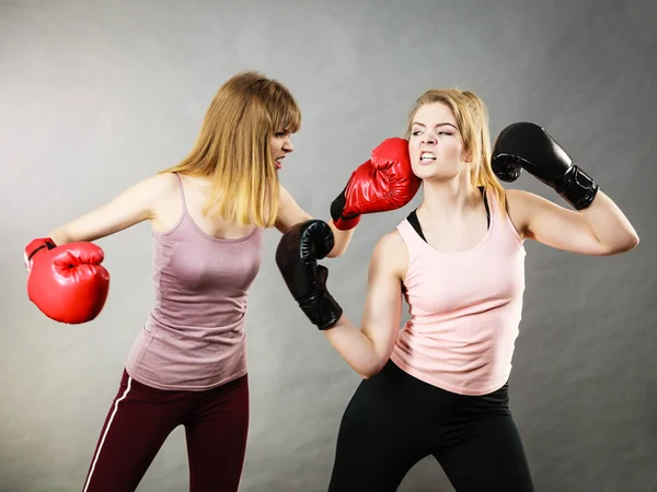 ボクシング手袋を持っていることを主張する つの積極的な女性は お互いに腹を立てている戦います 女性の Violance コンセプト — ストック写真