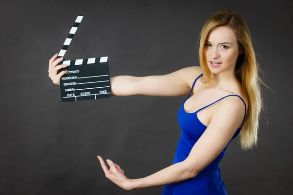 Woman Holding Professional Film Slate Movie Clapper Board Hollywood Production — Stock Photo, Image