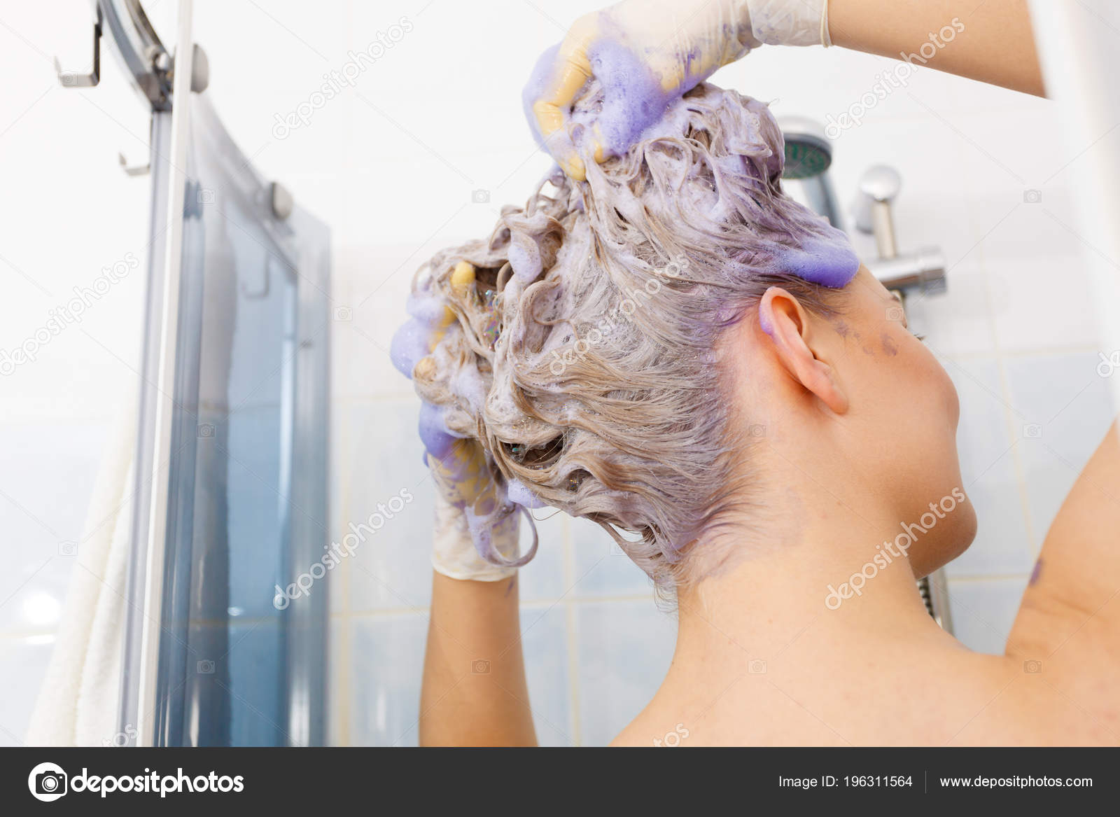 Woman Applying Coloring Shampoo Her Hair Female Having Purple