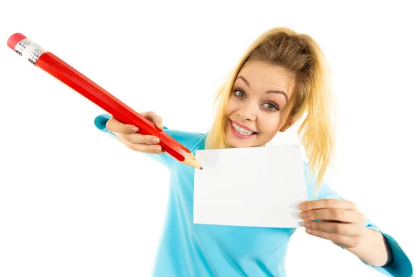 Teenage Woman Writing Some Notes Piece Paper Using Big Oversized — Stock Photo, Image