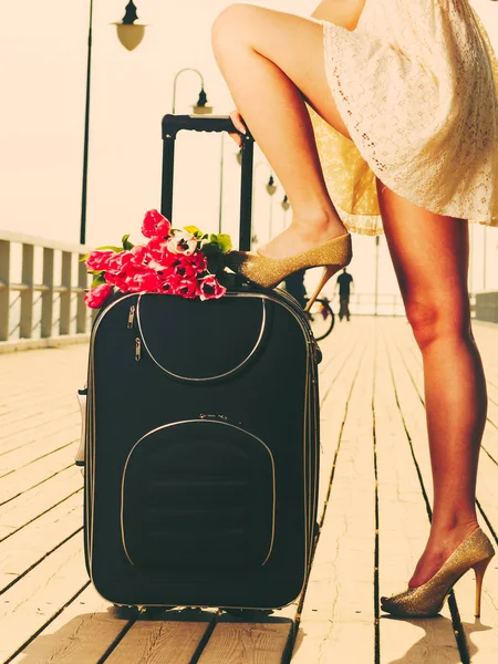 Travel Voyage Adventure Packing Concept Woman Wearing Short White Dress — Stock Photo, Image