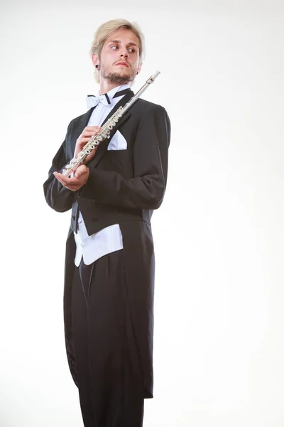 Classical Music Study Concept Male Flutist Musician Performer Playing Flute — Stock Photo, Image