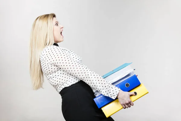 Woman Holding Many Heavy Colorful Binders Documents Office Bookkeeping Objects — Stock Photo, Image