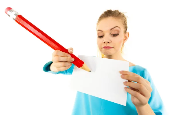 Teenage Woman Writing Some Notes Piece Paper Using Big Oversized — Stock Photo, Image