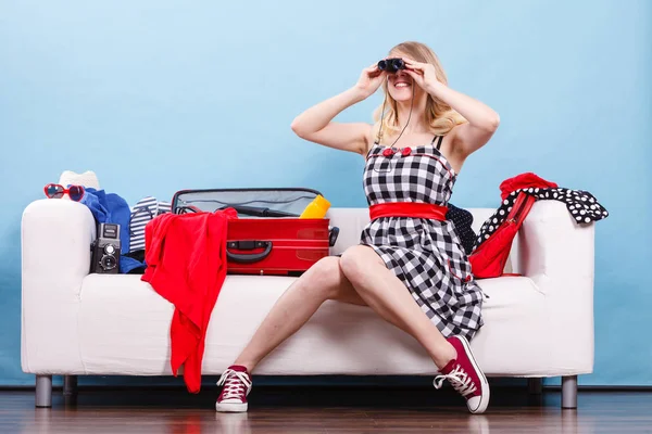 Packing Journay Traveling Concept Woman Looking Binoculars Sitting Couch Suitcase — Stock Photo, Image