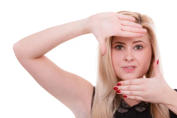 Facial Focus Gestures Mimicry Concept Portrait Attractive Blonde Woman Hands — Stock Photo, Image