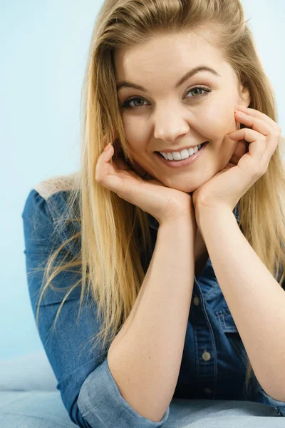 Happiness face expressions concept. Portrait of happy cheerful blonde woman smiling with joy