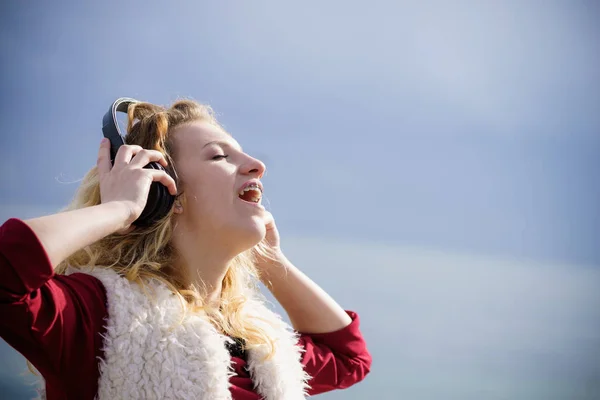 Happy Joyful Woman Listening Music While Being Outdoor Teenage Female — Stock Photo, Image